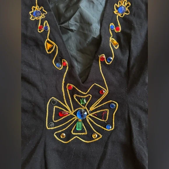 80s Vintage Long Sleeve Gothic Jewel-Trimmed Mini Dress Sz Sm - Picture 2 of 9